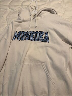 Muskoka White Crewneck Sweatshirt with Blue Lettering